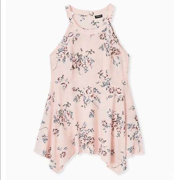 TORRID PINK FLORAL HIGH NECK HANDKERCHIEF TANK - Picture 3 of 8